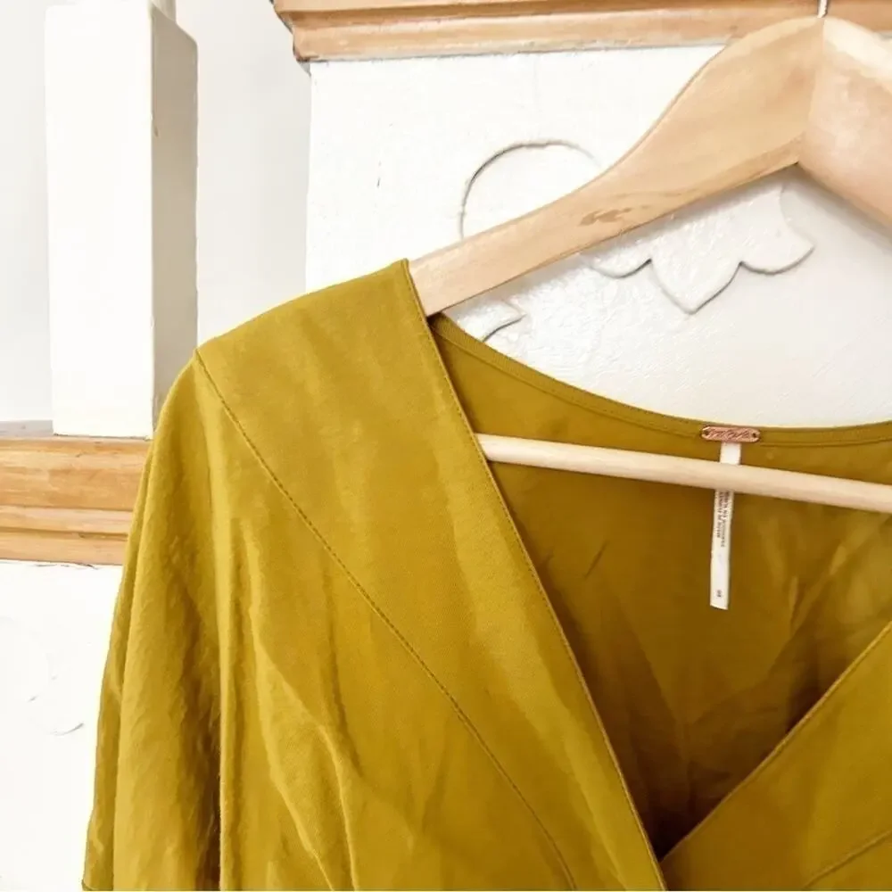 Free People Mustard Yellow Long Sleeve Smocked Forever Yours Cropped Top Size S